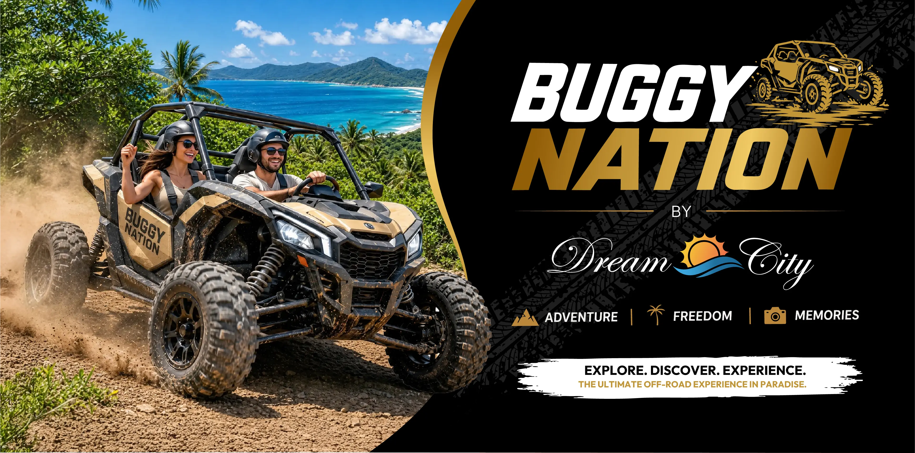Two adventurers driving a Buggy Nation off-road vehicle beside a tropical coastline.