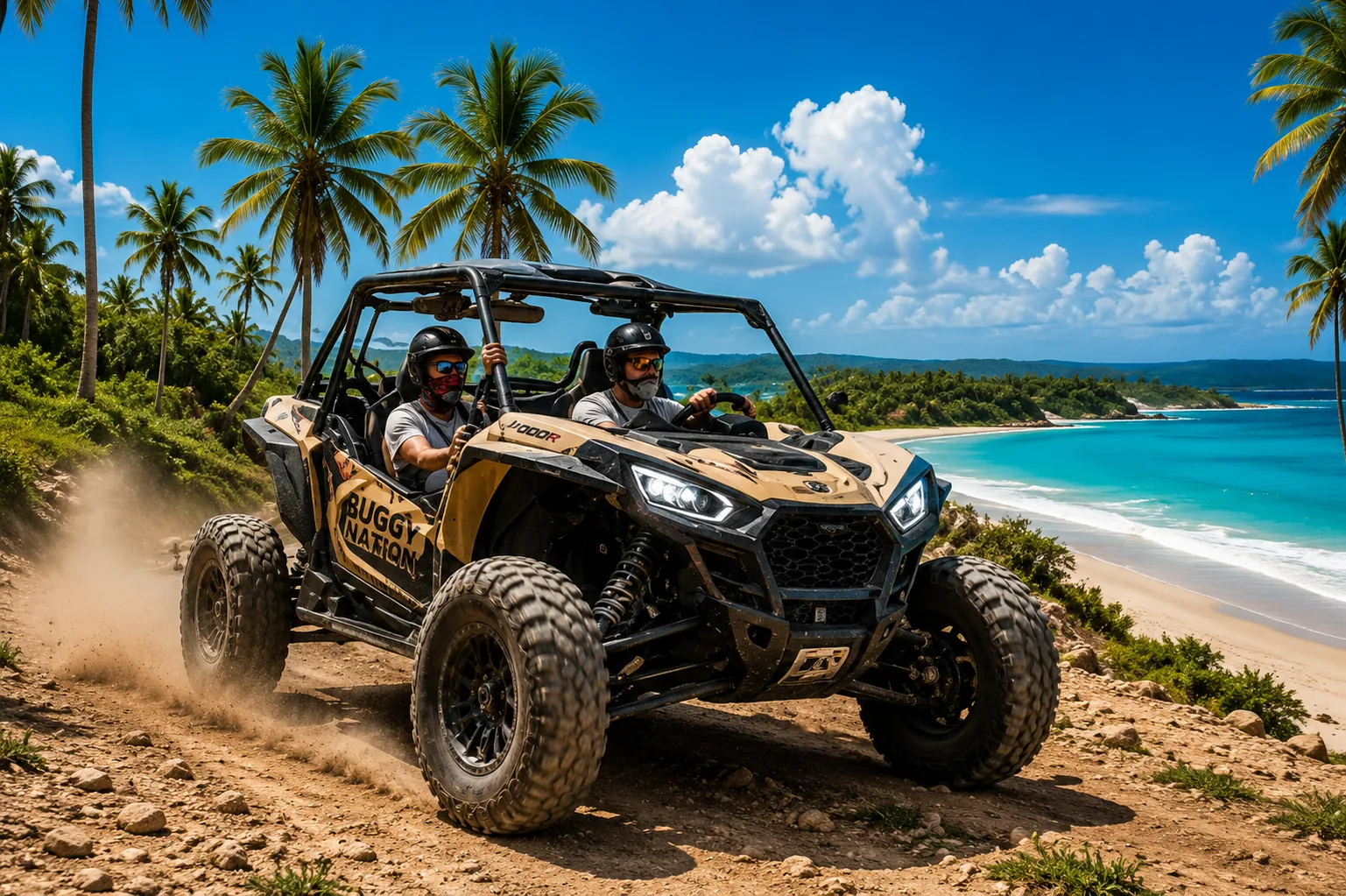A Buggy Nation vehicle racing along a coastal trail beside a white-sand beach.